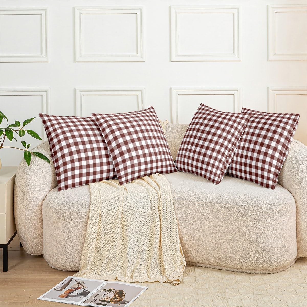 Brown and White Double Sides Print Pillow Covers 22"x 22",Vintage Grid Checkered Soft Square Cushion Cases,Gingham Plaid Print Abstract Style Throw Pillowcases for Decoratons Set of 2