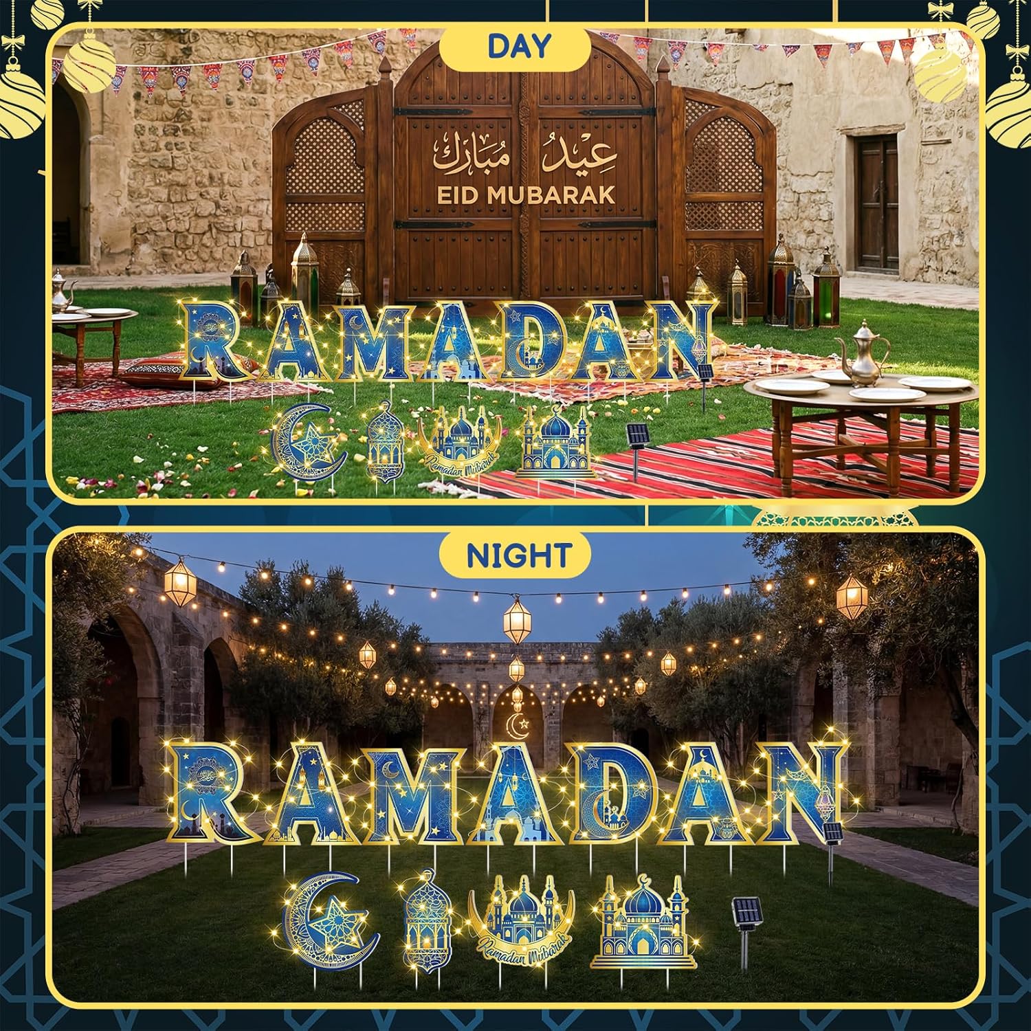 11 Pcs Ramadan Mubarak Yard Signs 7 Letters 4 Signs with Stakes and 2 Rolls String Lights Eid Mubarak Party Yard Sign Lawn Decorations Party Decorations for Home Front Door Garden Decor