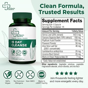 15 Day Colon Cleanse & Detox for Women and Men, Gut Cleanse with Senna, Aloe Vera, Psyllium Husk & Probiotics, Bloating, Constipation Relief, Gentle, Vegan, Non-GMO, 15 Capsules - Dr Vitamin Solutions