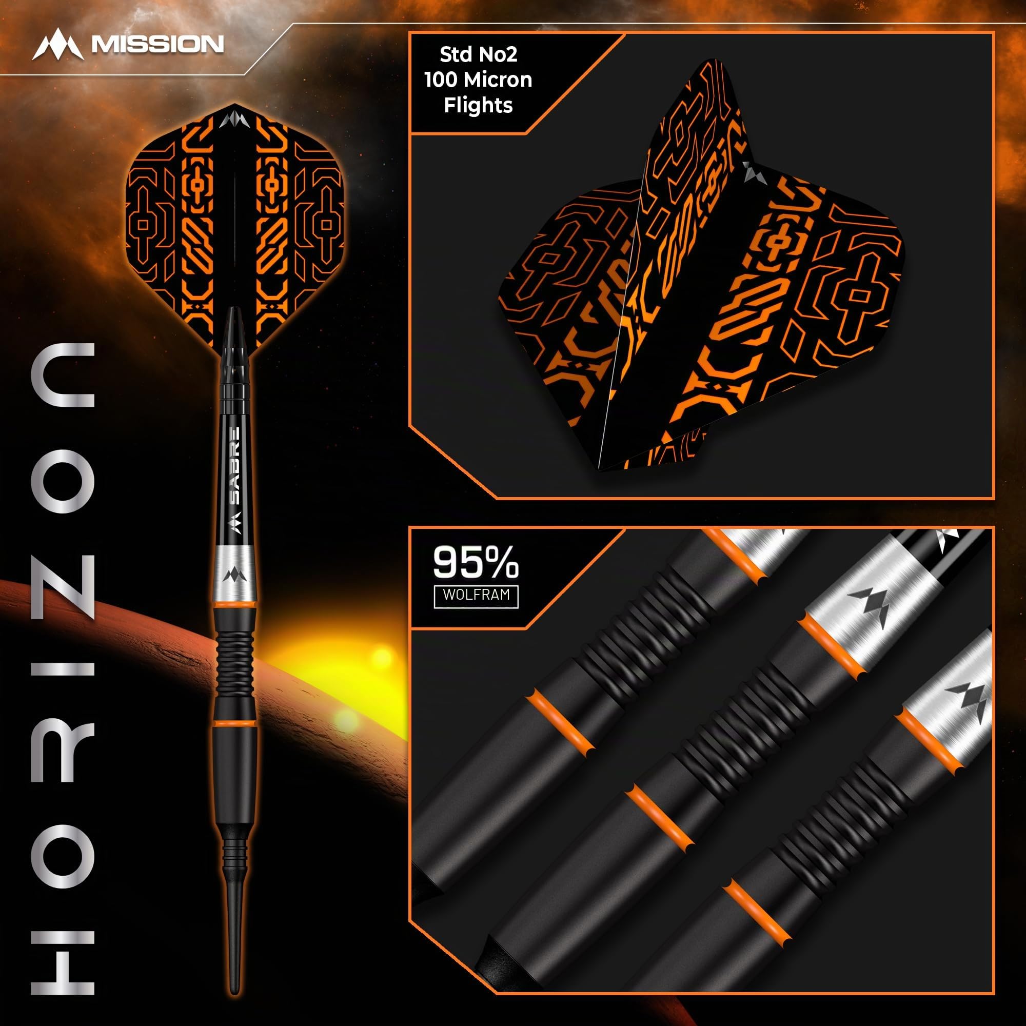 Mission Darts Horizon Dartpfeile mit weicher Spitze, 95 % Wolfram, schwarzes PVD und Orange, 18 g