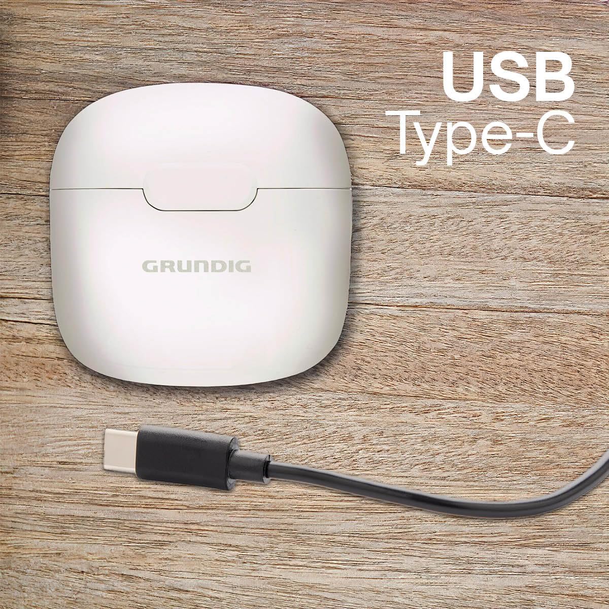 GRUNDIG TWS WHITE 3H Charging case connected via USB Type-C cable.