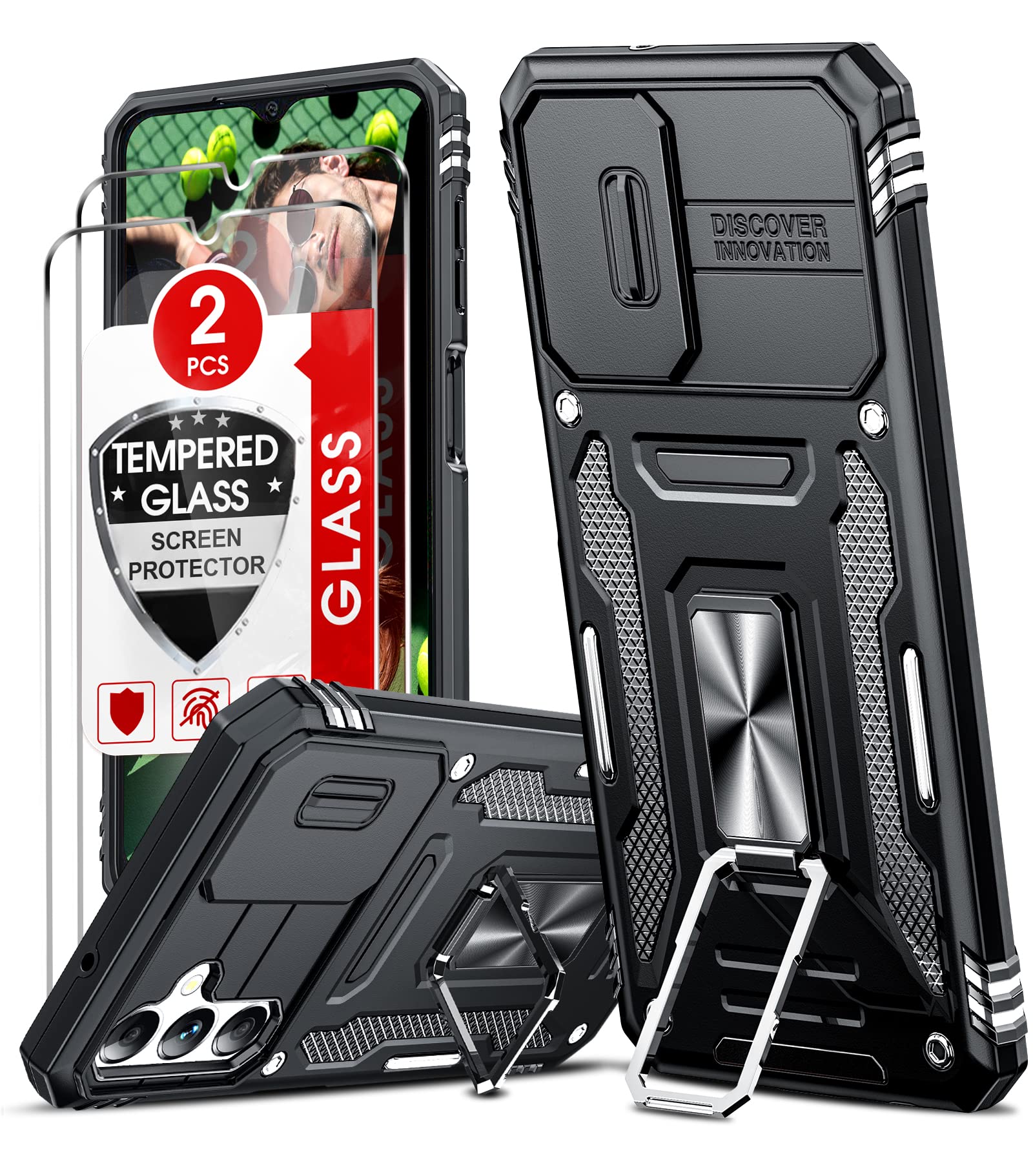LeYi Armour Case for Samsung Galaxy A14 5G/4G and 2 Pack Screen Protectors, Samsung A 14 Case with Camera Lens Cover Slider, Ring Stand Holder Military Grade Shockproof Phone Cover, Black