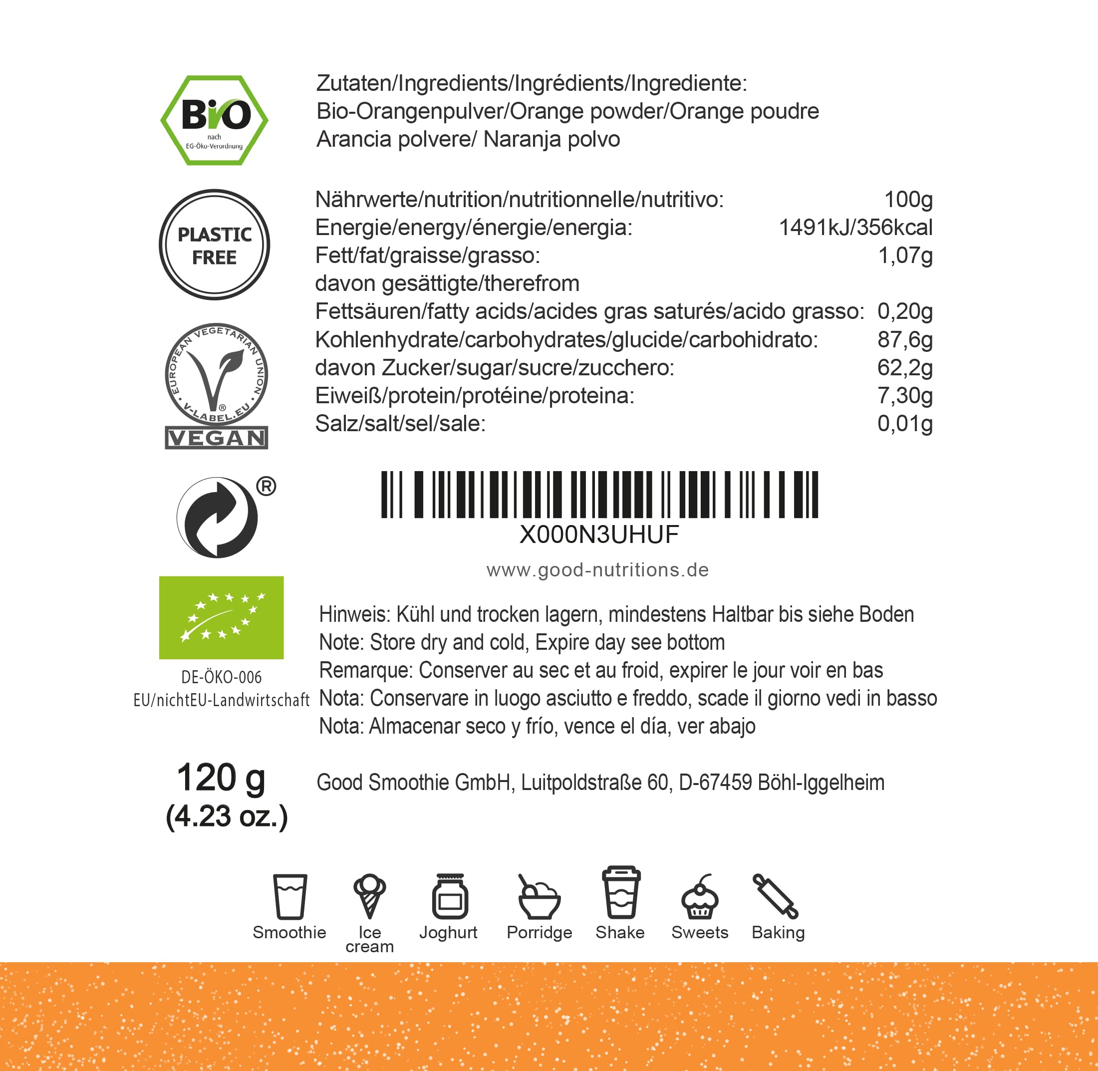 Naranja en Polvo - Liofilizado|biológico|vegano|crudo|pura fruta|no aditivo|rica en vitamina|Good Nutritions 120g