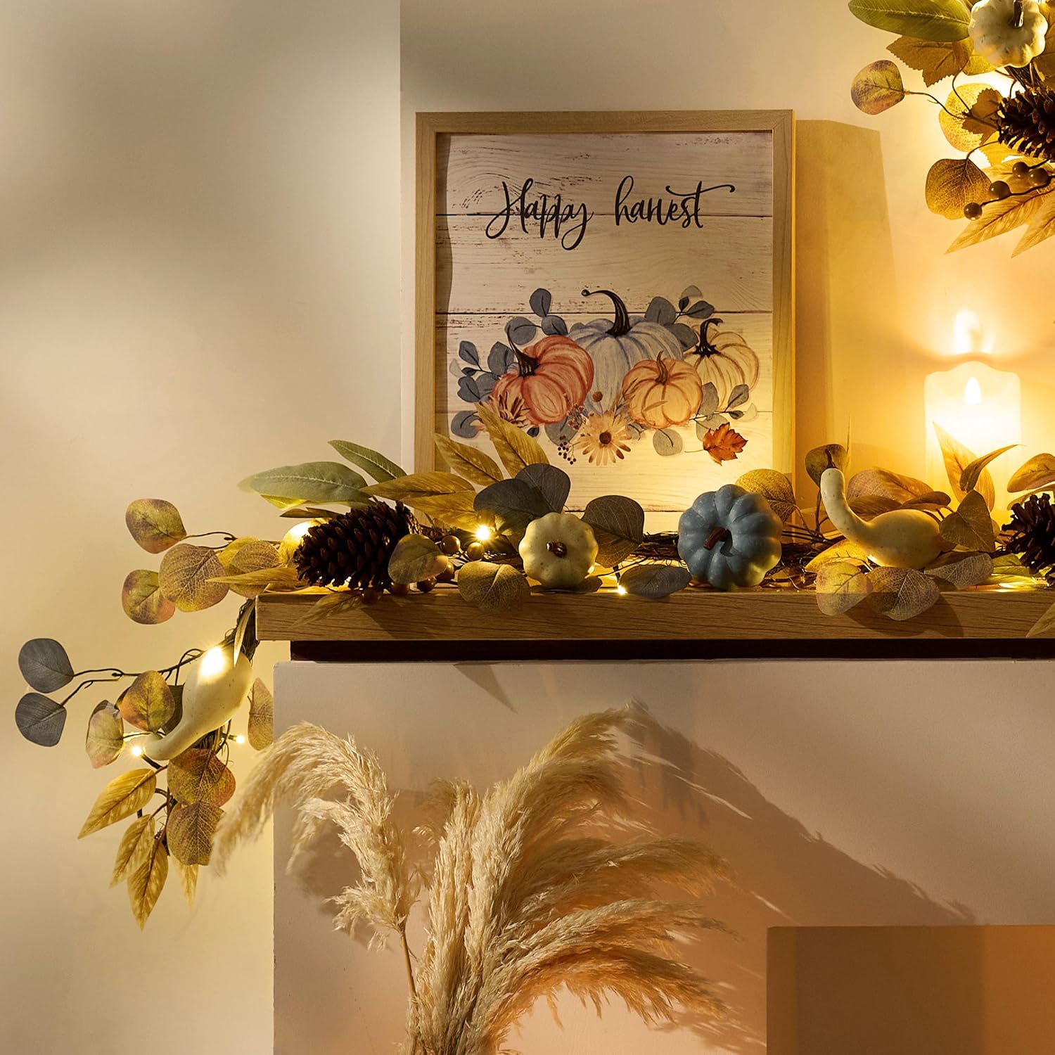 DecorbyHannah Fall Garland with Lights, 6 ft Artificial Autumn Harvest Garland for Mantel, Blue Fall Thanksgiving Decor with Pumpkin Pinecone Eucalyptus for Front Door Table Wall Indoor Outdoor Use