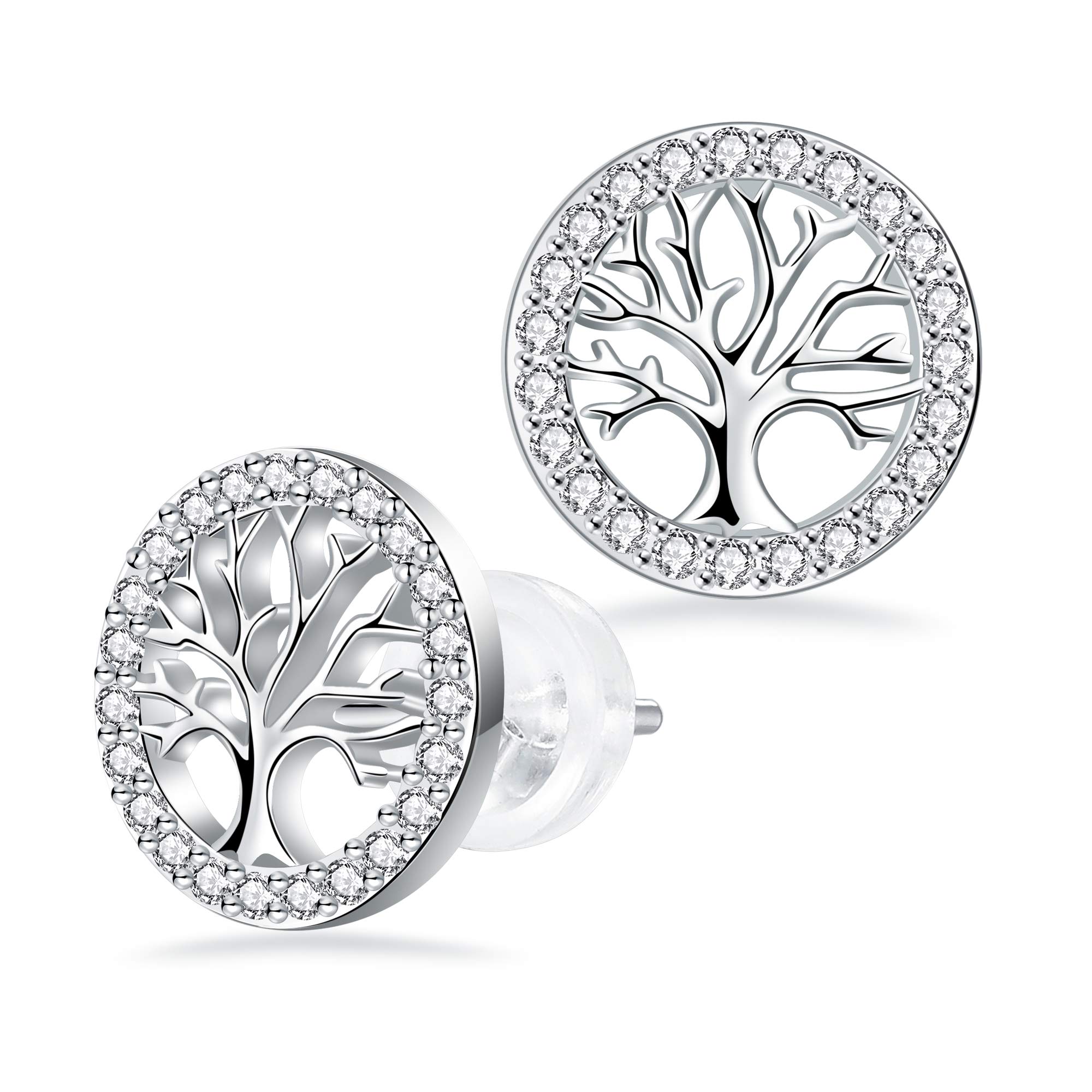 Micory árbol de la Vida Pendientes para Mujer Plata de ley 925 con Caja de Regalo Circonita 3A, Diámetro 10mm