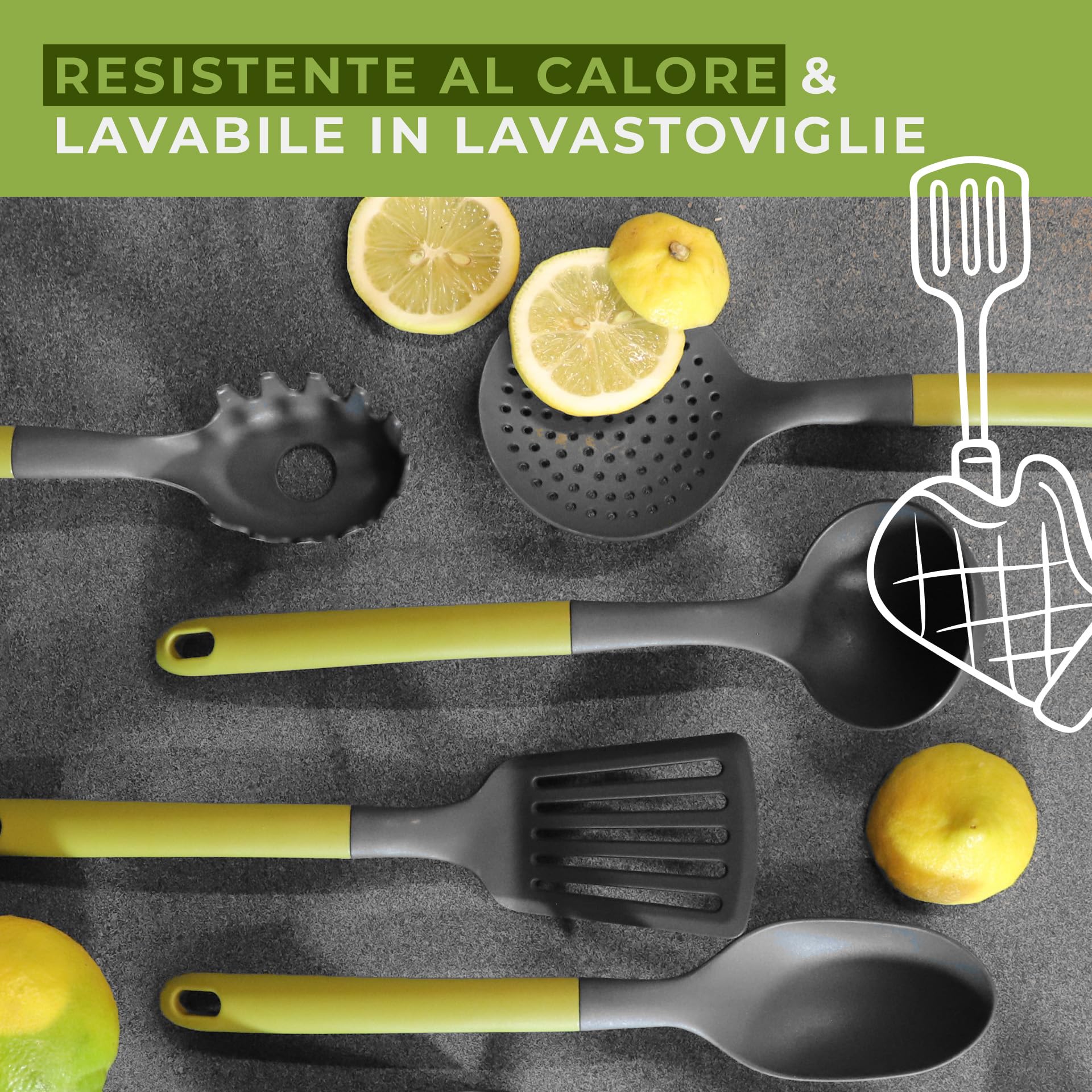 Fackelmann Set di utensili da cucina 6 pezzi, mestoli in nylon, utensili lavabili in lavastoviglie, mestoli da cucina resistenti al calore fino a 200 °C, Linea Oliva