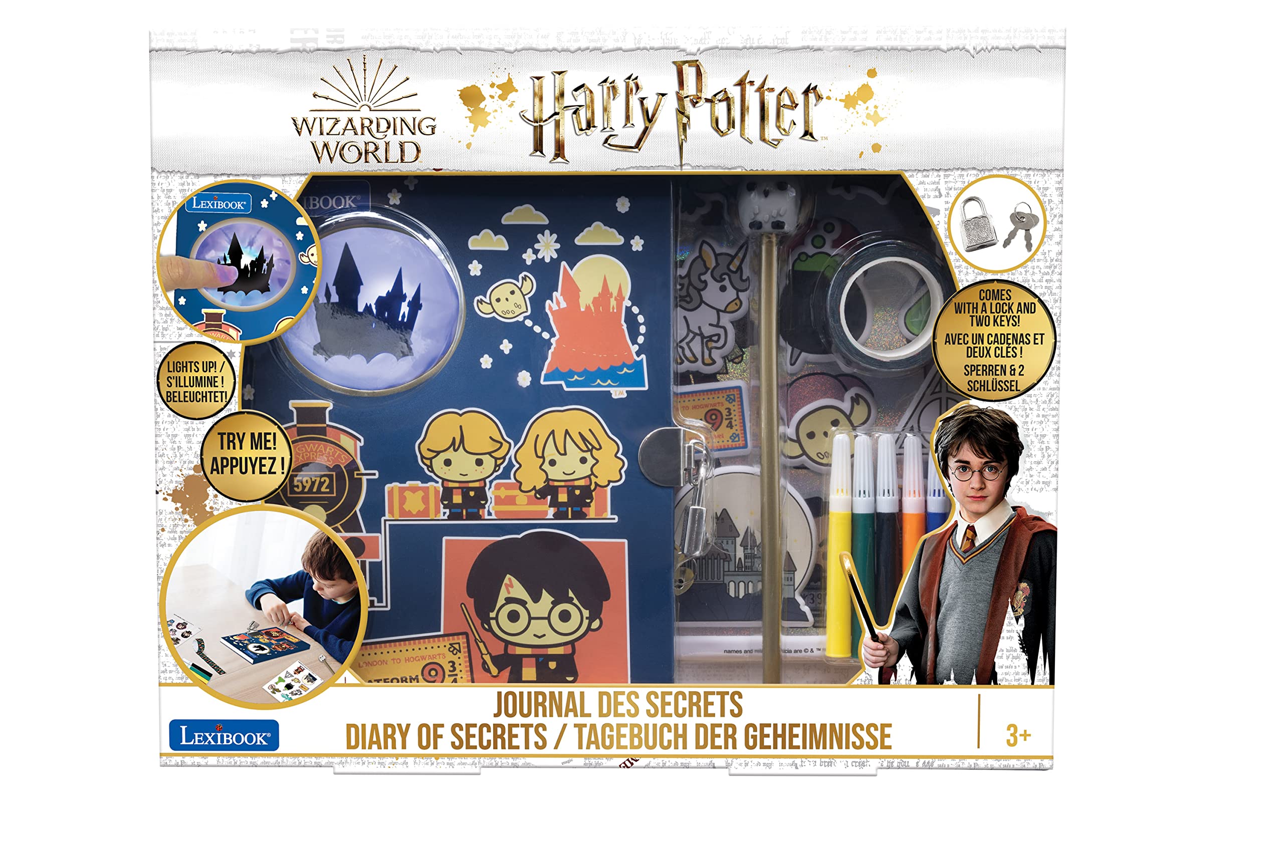 Lexibook SD30HP Harry Potter elektroniczny sekretny pamiętnik z akcesoriami, efektami świetlnymi, kłódką i kluczem, naklejkami, długopisem, 100-stronicowy, M