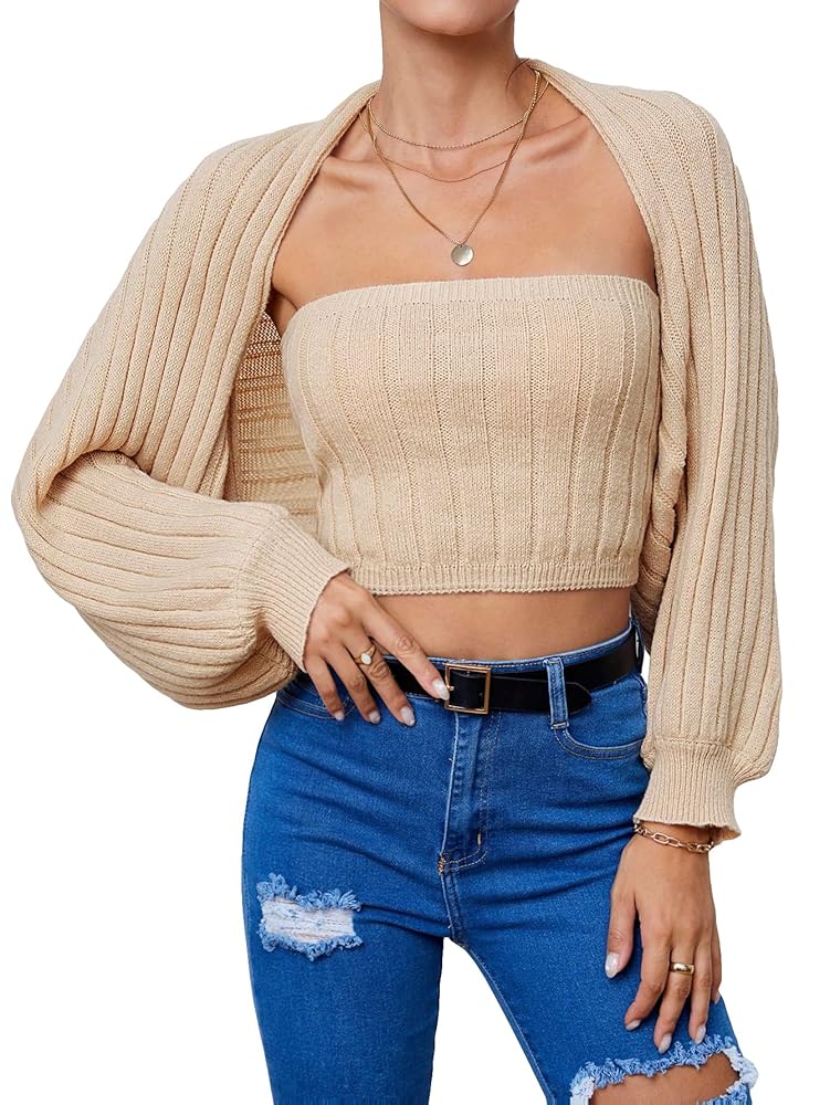 WDIRARA Women's 2 Piece Cardigan Sets Rib Knit Crop Tube Top