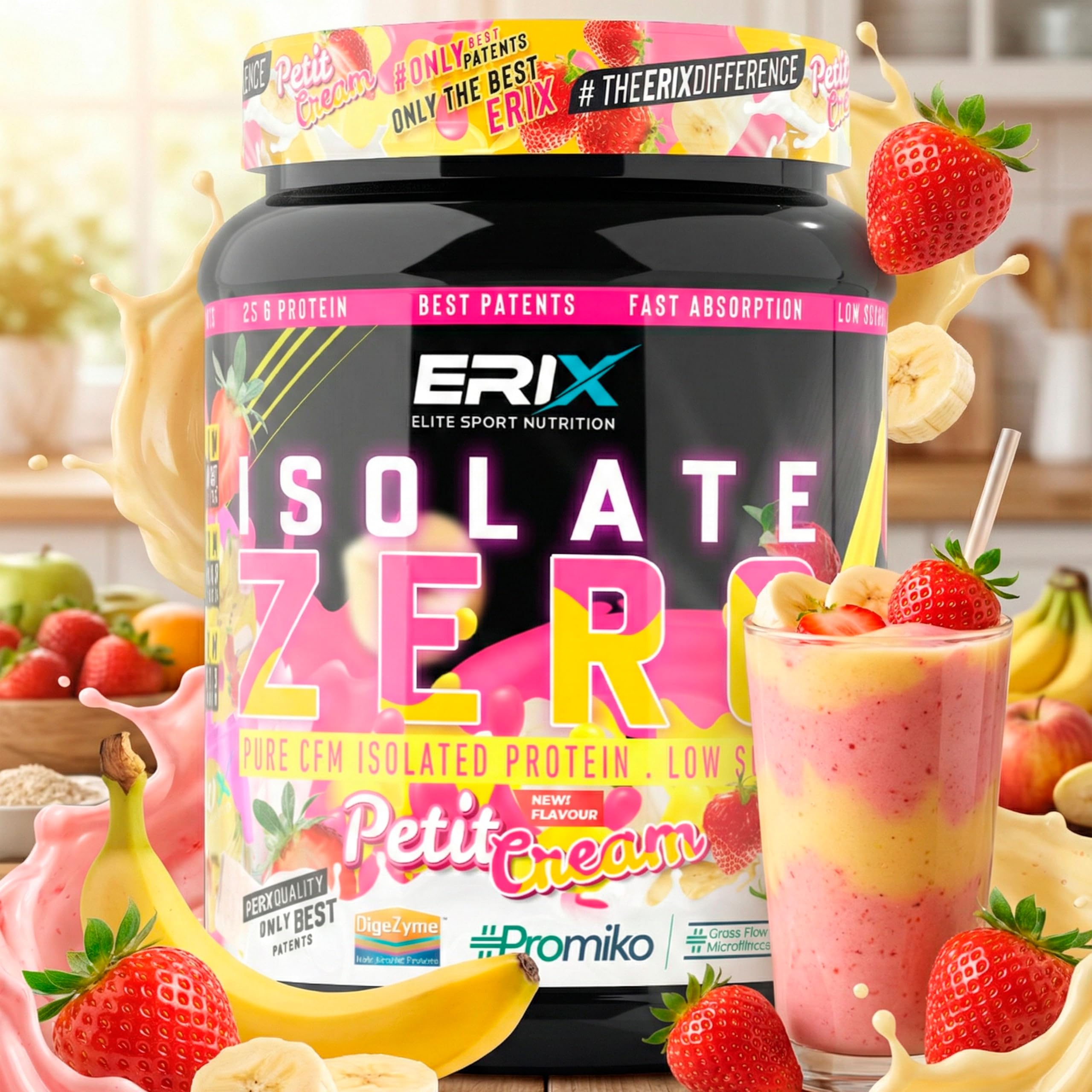 ERIX Nutrición Pack ISO Zero Promiko 900g + Creatina Creapure 300g + Shaker Negro, Proteína Aislada de Suero Alta Pureza con Enzimas DigeZyme, Recuperación, Volumen Muscular (Fresa con Plátano)