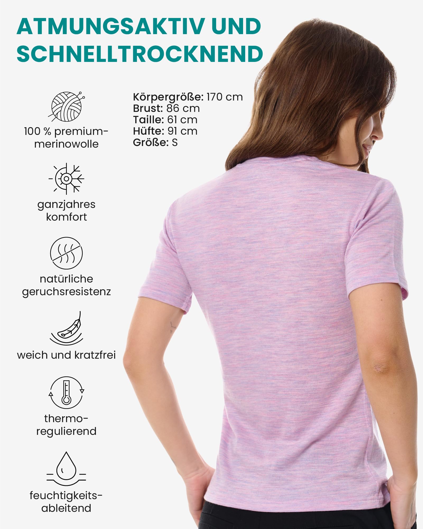Merino.tech 100% Merino Shirt Damen Wandern & Alltag + Wandersocken | Atmungsaktives Sportshirt & Wandershirt, schnelltrocknend, schweißabsorbierend, geruchshemmend, pflegeleichtes Thermoshirt