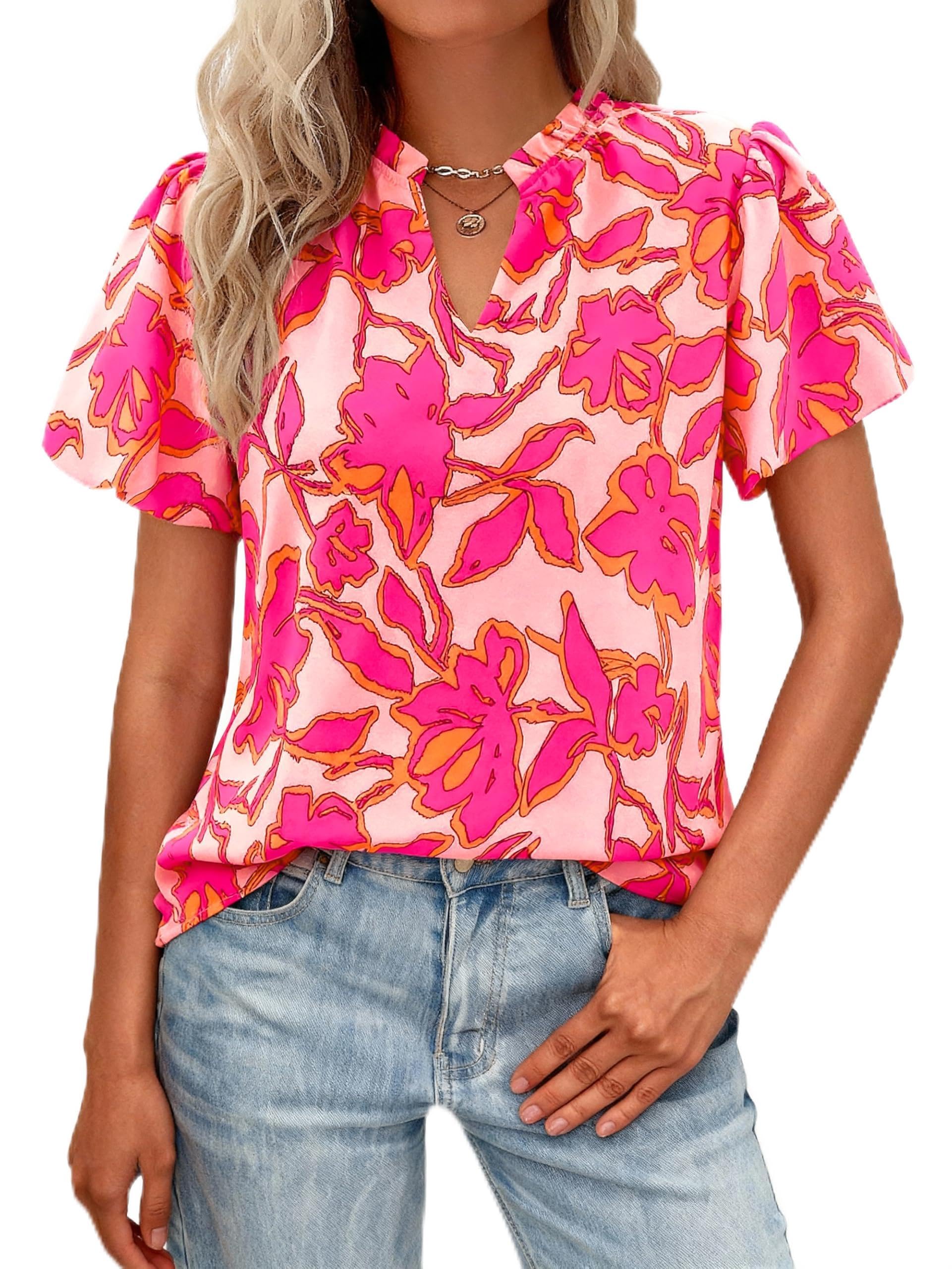 MASCOMODA Boho Short Sleeve Floral Work Blouses for Women Dressy Casual V Neck Puff Sleeve Loose Chiffon Flowy Tops Shirts