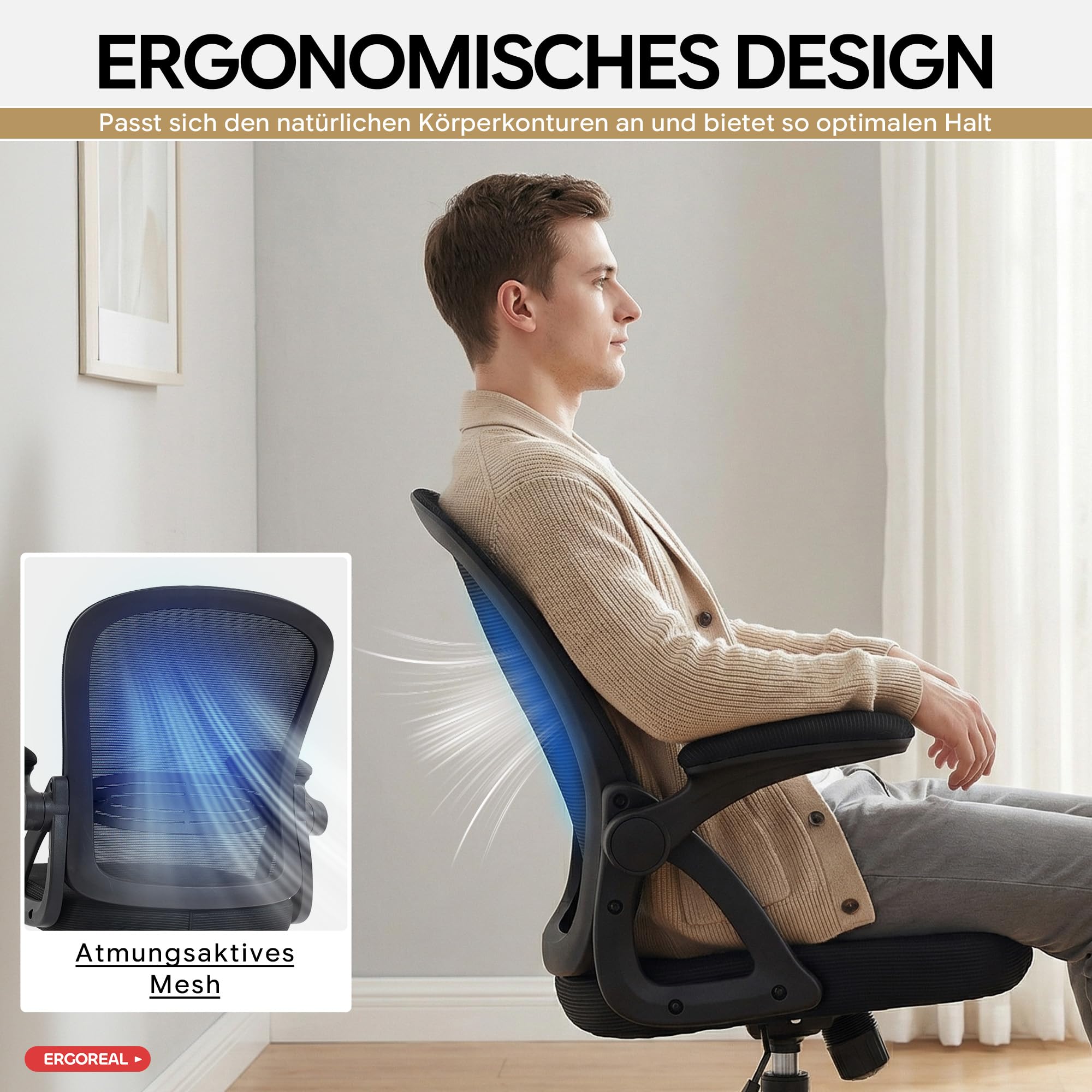 Ergonomischer Bürostuhl, 90-110° Verstellbare Rückenlehne & Aufklappbare Armlehnen (90°), Bürostuhl mit Rollen & Höhenverstellung,Homeoffice & Arbeitszimmer (Tiefe Schwarz) - 5