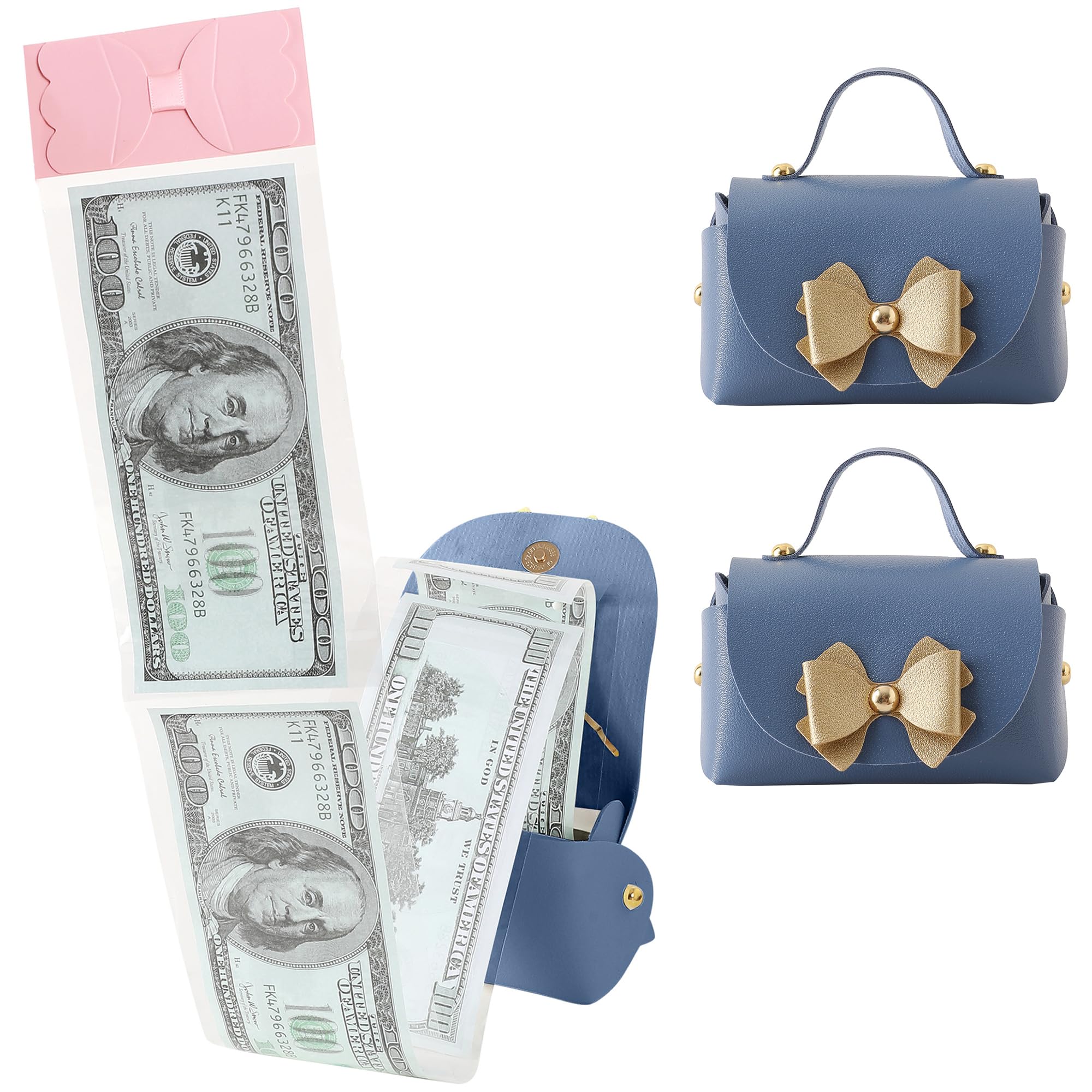 Litvana Pull-Out Money Gift Box - 2 Pieces Leather Surprise Present Cash Box with Bow for Birthdays, Anniversary & Christmas Blue