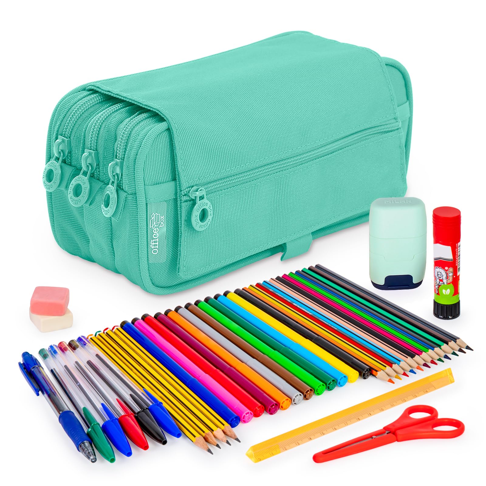 ColePack - Lote de Estuche Portatodo Triple con 3 Cremalleras y Material Escolar de Primeras Marcas Incluido (Turquesa)