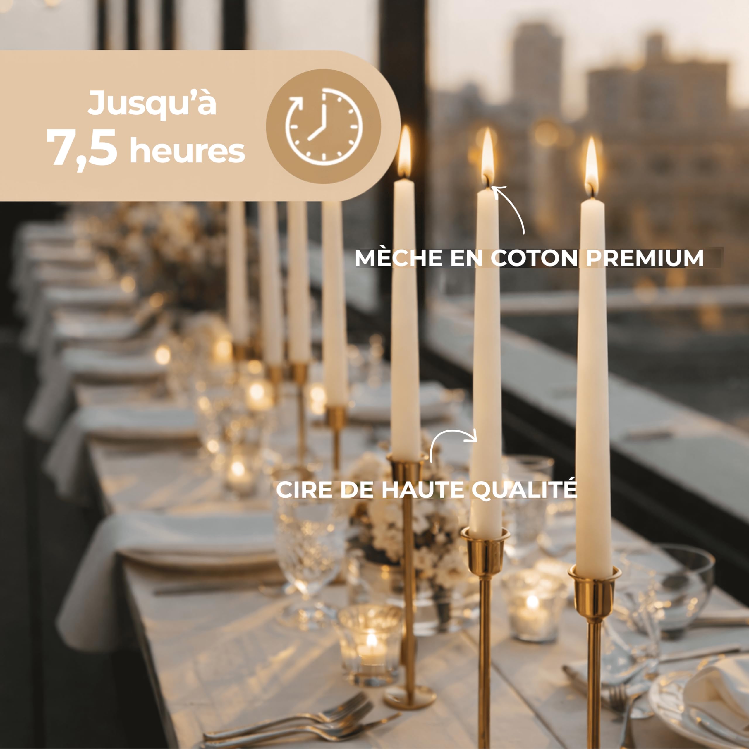 Horeca Candles Bougies coniques ivoire - 25,4 cm (H) - Lot de 100 bougies non parfumées - Durée de combustion de 7,5 heures - Sans fumée - Sans goutte