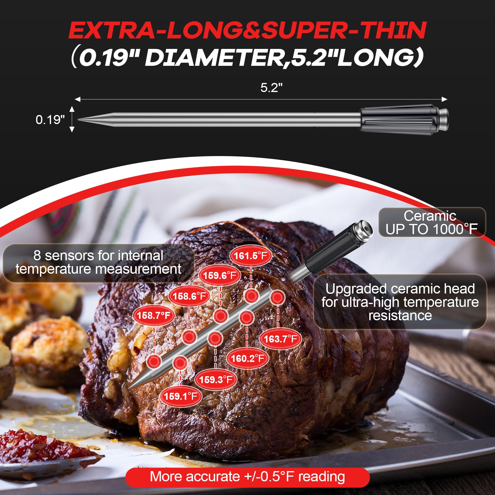 800FT Wireless Meat Thermometer Digital with 2 Upgraded Ultra-Thin Probe, Large Touchscreen, Kitchen Food Thermometer for Cooking Oven, Smoker, Rotisserie, BBQ(No App to Download)