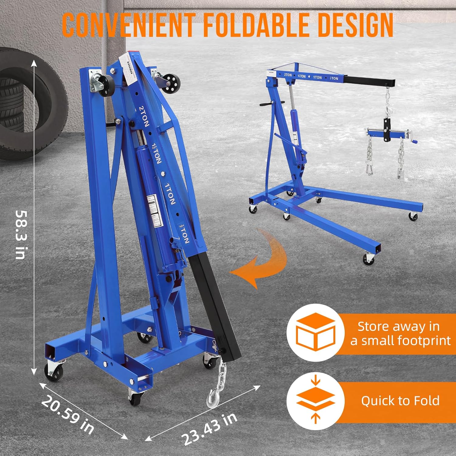 GarveeTech Engine Hoist with Lever, 2 T 4000 Lbs Heavy Duty Folding Cherry Picker Engine Lift Hydraulic Tilting Engine Shop Crane with 6 Iron Caster Wheels Telescopic Boom Hitch, Blue