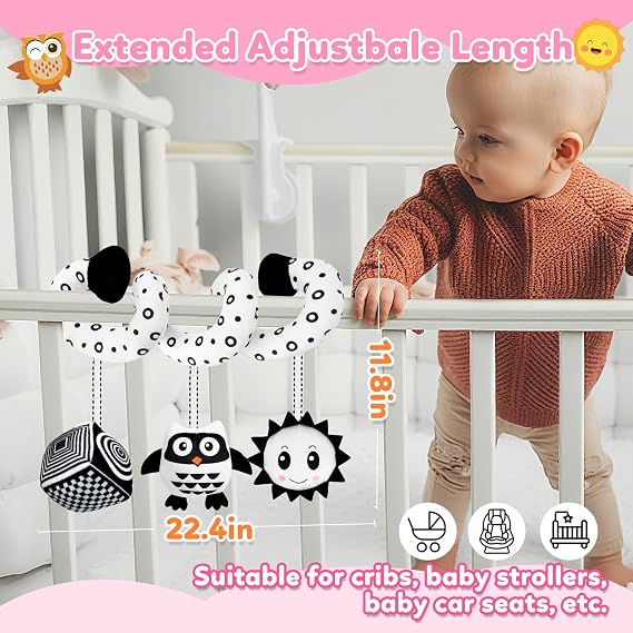 kizh Baby Hanging Stroller and Car Seat Toys High Contrast Baby Toys for Newborn Black and White Sensory Plush Activity Toy for Babies 0-6 Months-OWL