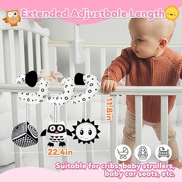 kizh Baby Hanging Stroller and Car Seat Toys High Contrast Baby Toys for Newborn Black and White Sensory Plush Activity Toy for Babies 0-6 Months-OWL