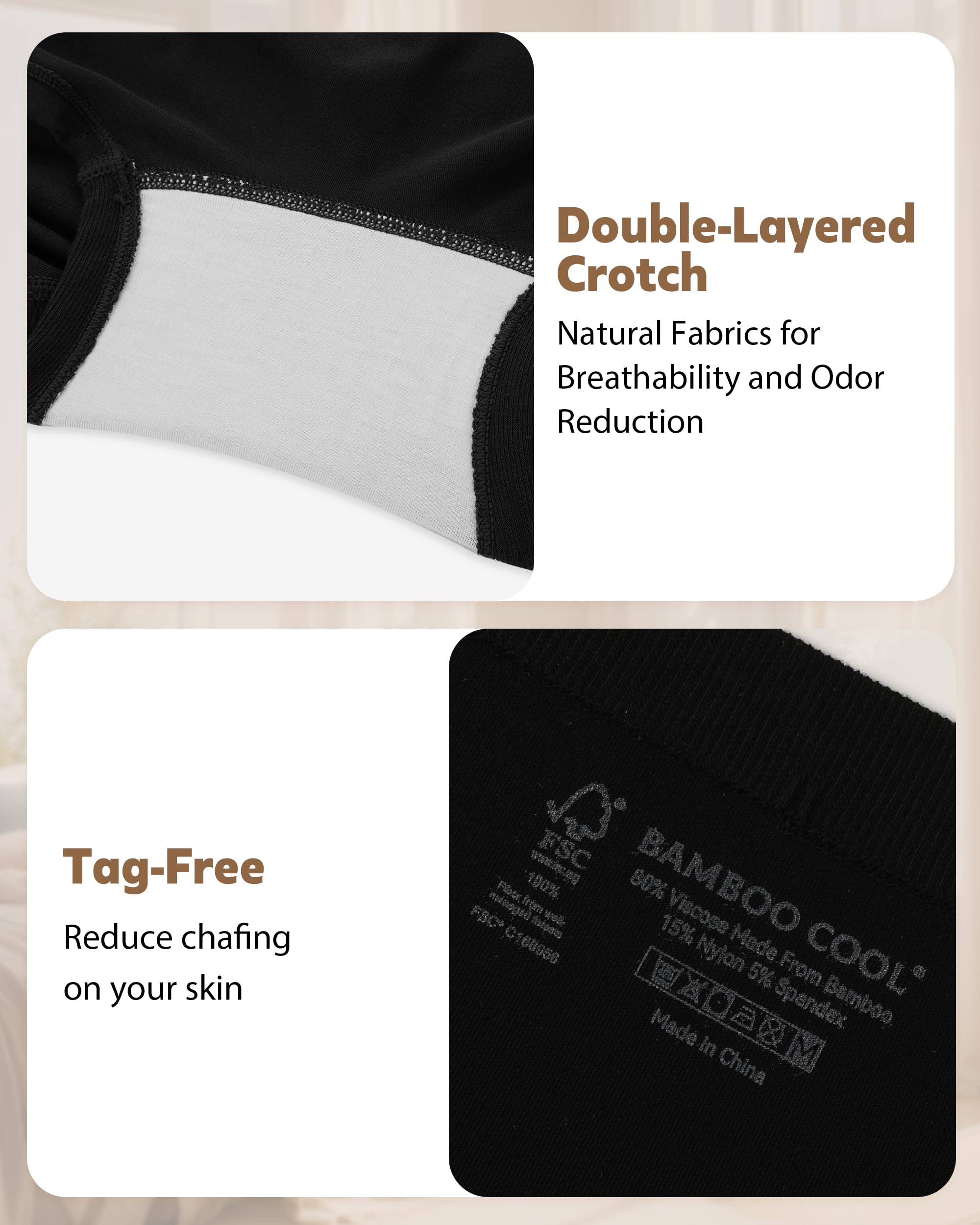 BAMBOO COOL Calzoncillos tipo bóxer para mujer, sin costuras, cintura media, elásticos, absorben la humedad, paquete de 5