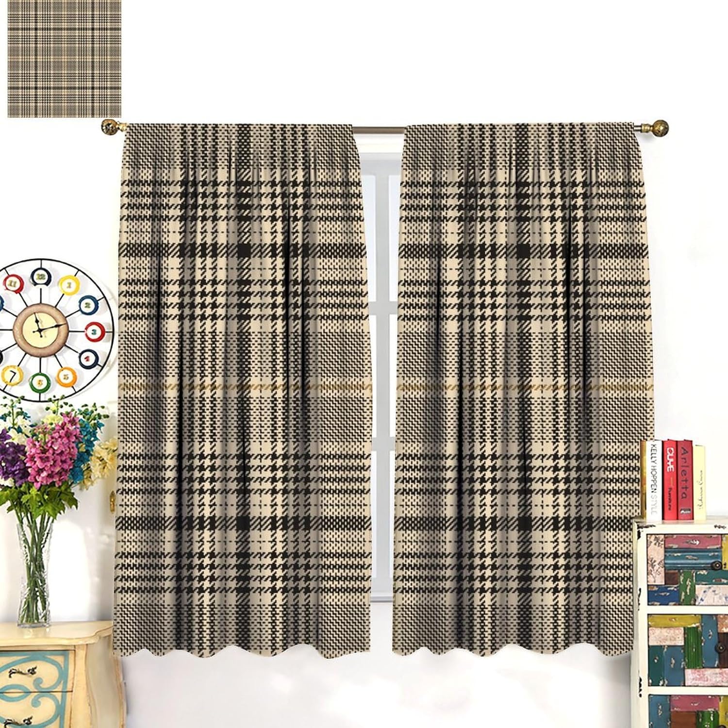 Plaid Curtain, Golden Brown Beige Black Plaid Retro Pattern Blackout Window Treatments, Rod Pocket Thermal Insulated Drapes 2 Panel Sets for Bedroom Living Room, 42" W X 45" L