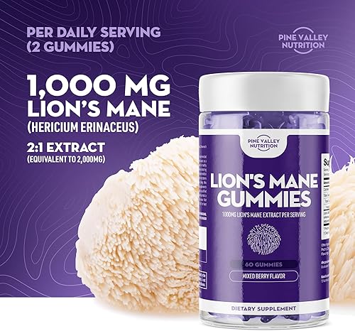Miniatura 2 de Gomitas de hongos de melena de león  Veganas, de alta resistencia de 1000 mg para mejorar la memoria, energía y concentración, delicioso sabor a