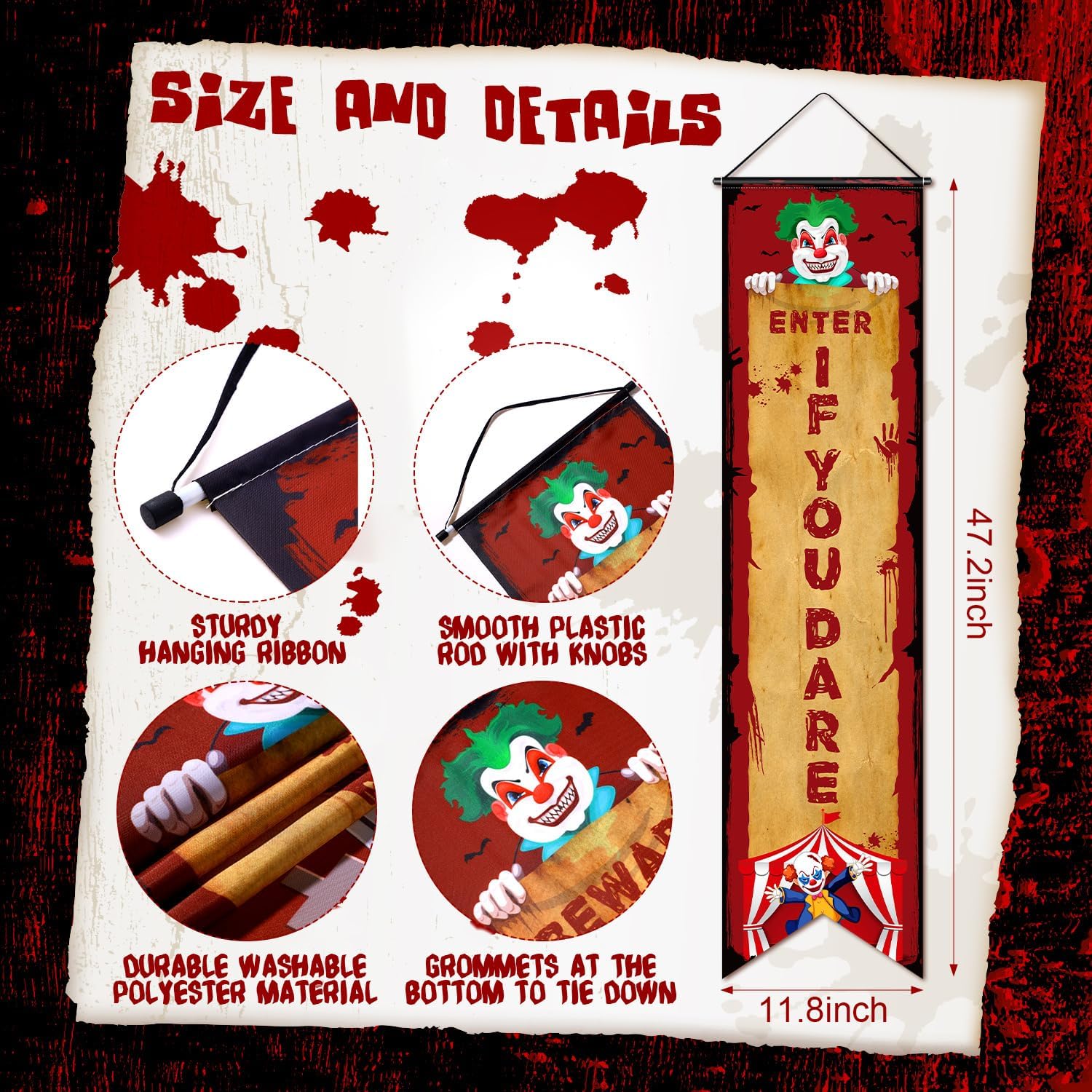 3 Pcs Carnival Party Decorations Carnival Banner for Halloween Evil Circus Porch Sign Creepy Scary Clown Welcome Sign Funny Sarcastic Halloween Indoor Outdoor Yard Hanging Wall Decor 11.8 x 47.2 Inch - Image 2