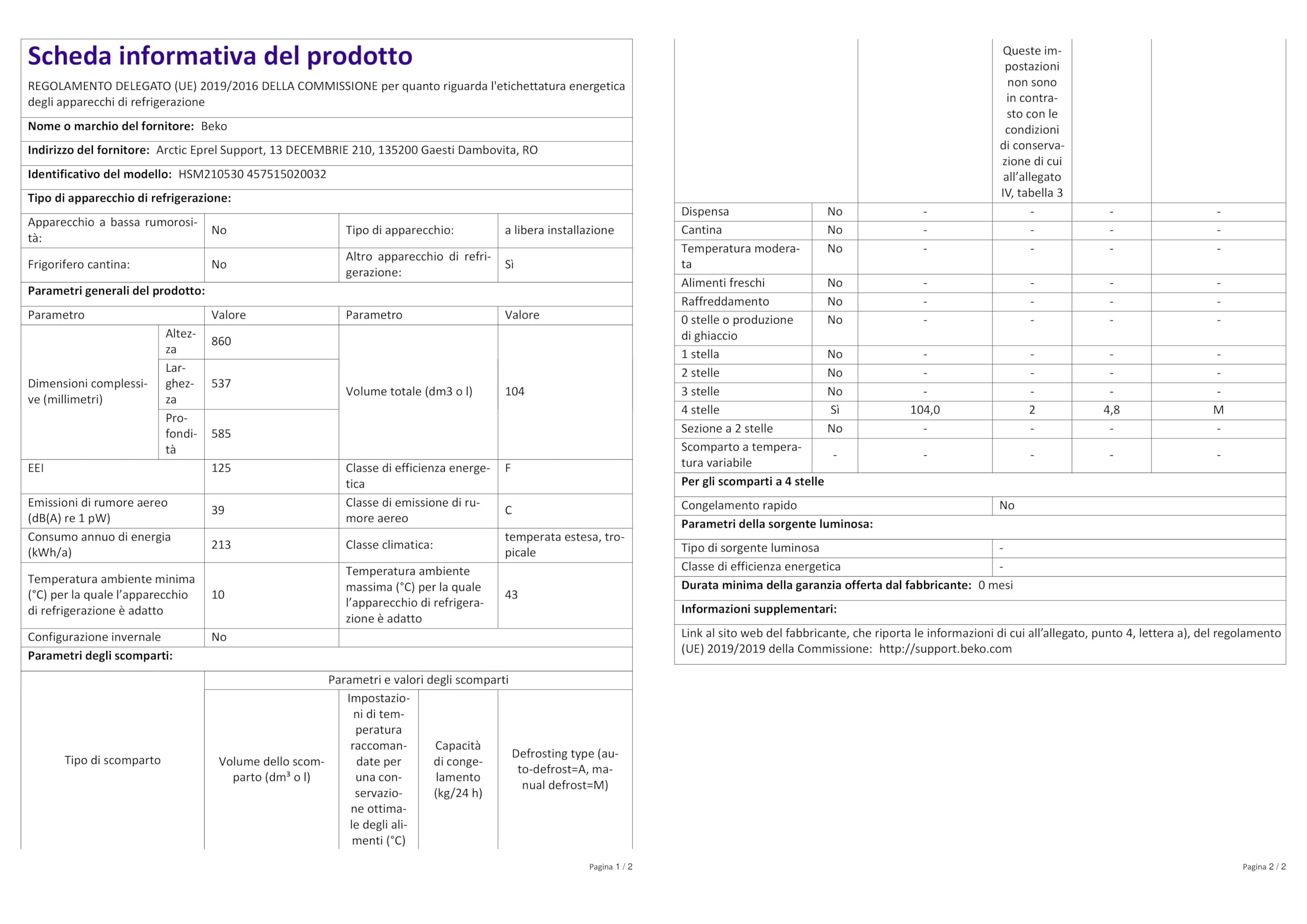 Beko - HSM210530 - Congelatore Orizzontale, Classe F, Statico, 104L, Dimensioni HxLxP: 86 x 53,7 x 58,5