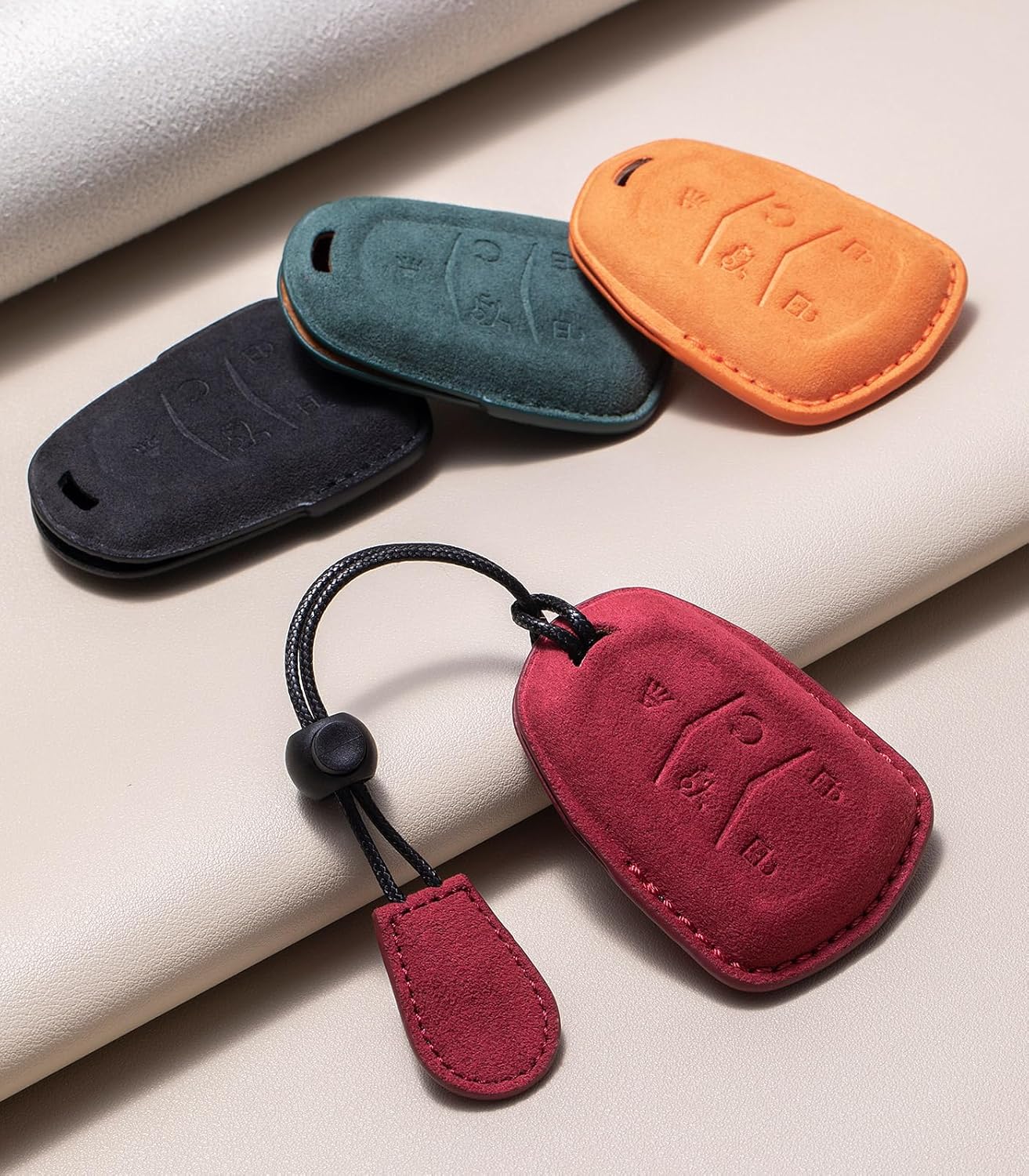 for Cadillac Key fob Cover,Suede Leather 360 Degree Car Key Case Protector with Keychain Compatible with 2015-2022 Cadillac Escalade CTS SRX XT5 ATS STS CT6 5-Buttons