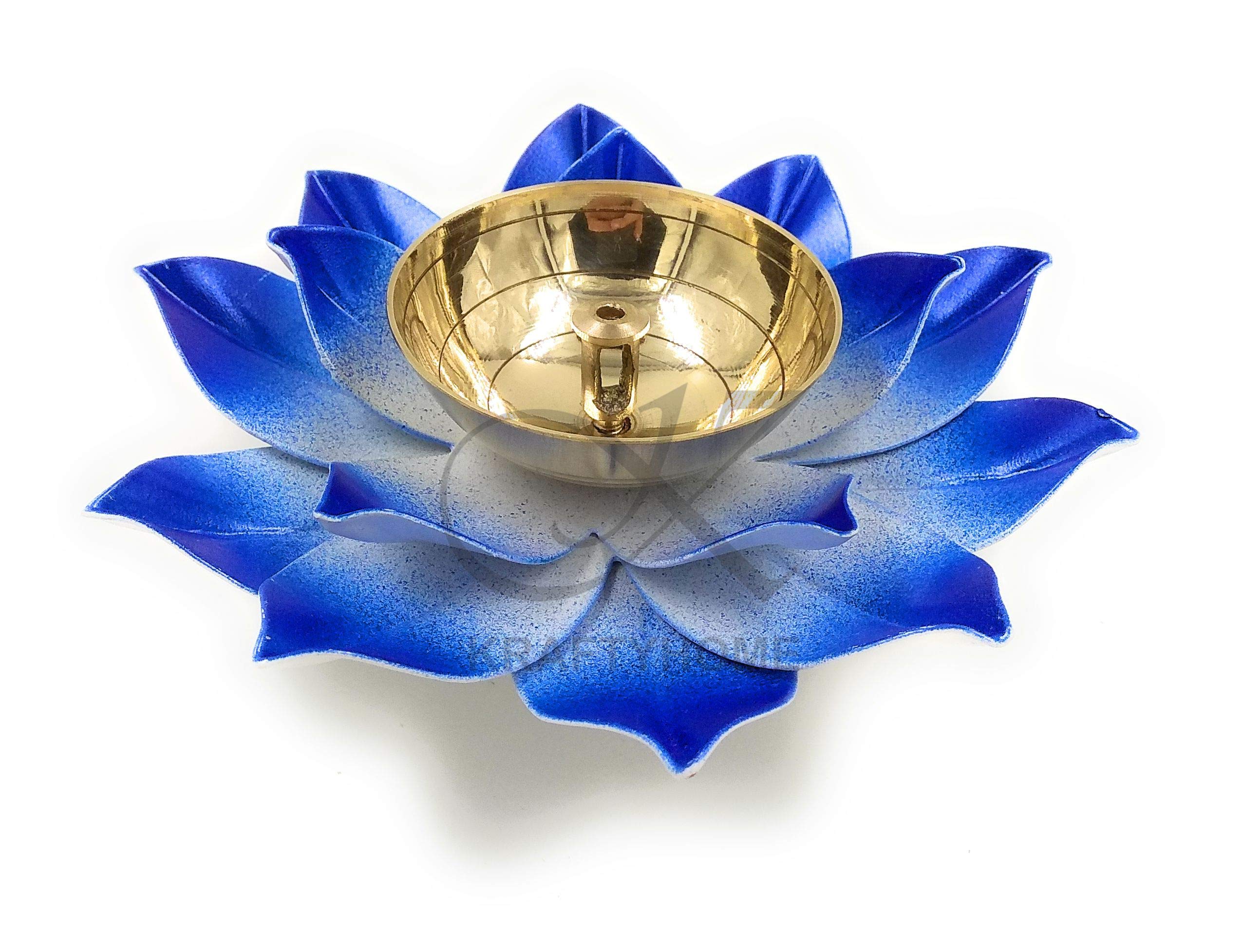 KRAFTYHOME Brass Lotus Kuber Diya Puja Oil Lamp Deepak with Enamel for Home (Blue)