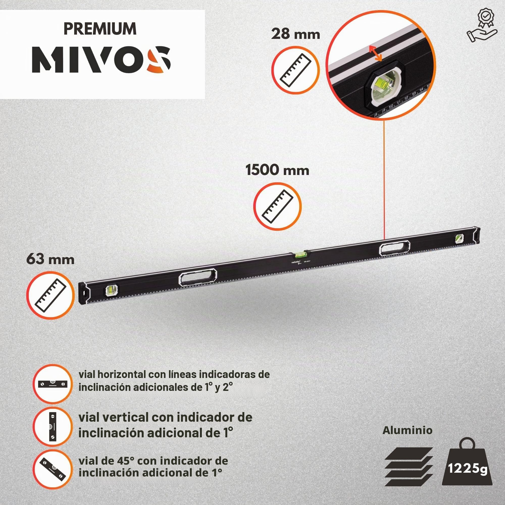 MIVOS - Nivel de burbuja de aluminio de 150 cm con sistema magnético y carcasa de aluminio - Nivel de burbuja con 3 niveles de burbuja - Alta precisión - Nivel magnético, 1500 mm, VR-4517, Negro