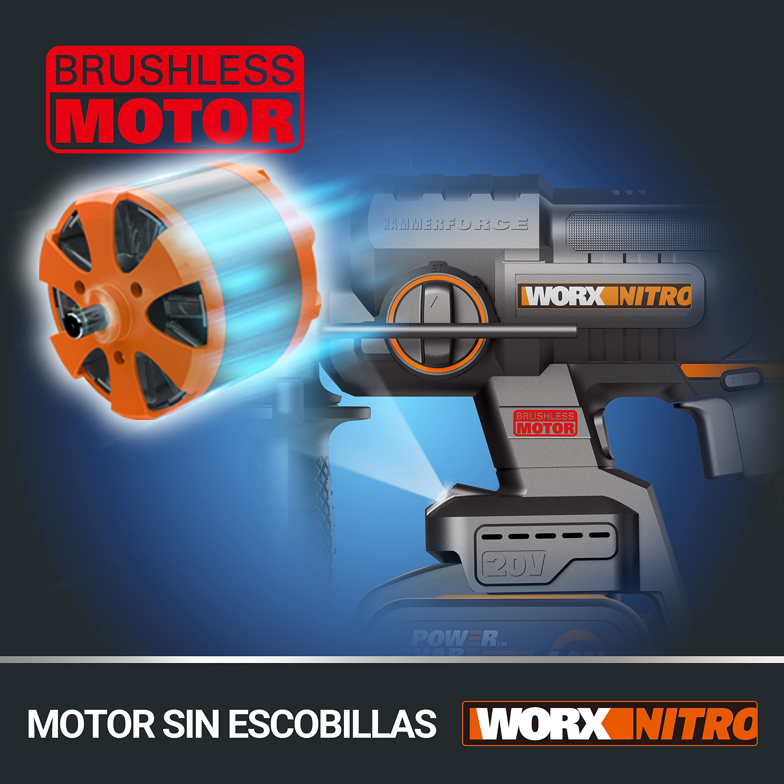 Worx WX381 Martillo Perforador Brushless 20V 2J Batería 4Ah