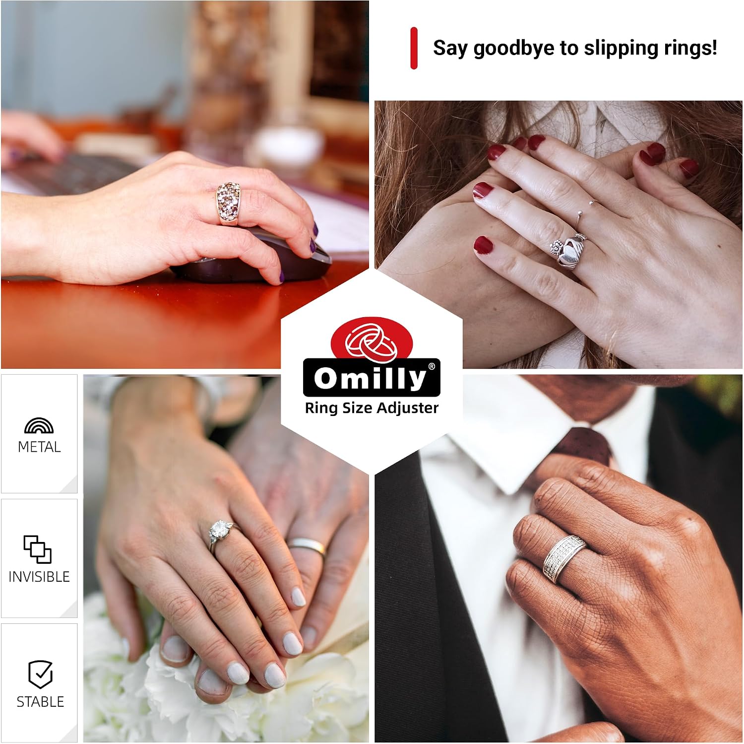 Omilly Filled Metal Ring Guard for Loose Rings, Invisible Ring Size Adjuster, Fits Ring Width 1.3mm-10mm, Easy to Use, 8 Pack with 4 Sizes, Secure Fit for Women & Men-Golden