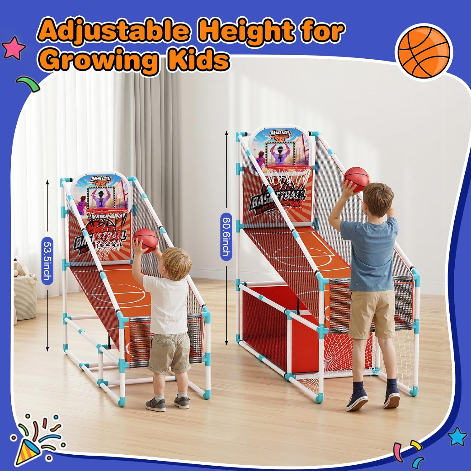 2 in 1 Kids Arcade Basketball Hoop &Soccer Goal,LED Lights Electronic Scoreboard, Adjustable Height Basketball Game Set,Indoor Outdoor Sport Toys Gift Toddlers Boys Girls Ages 3-12 Home Party