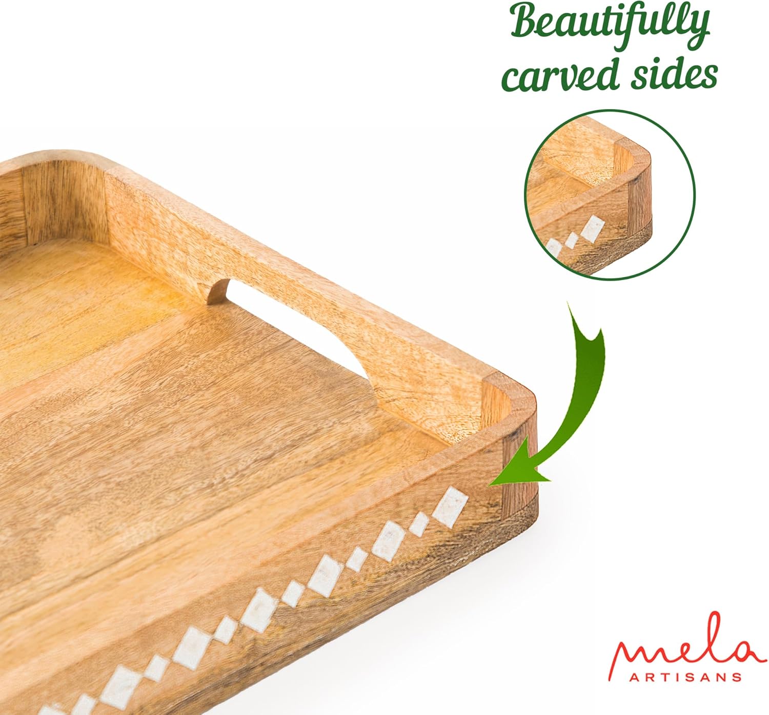 Mela Artisans Wooden Serving Tray with Handles | 15x10x1.75 inch | Mango Wood Decorative Tray | Ottoman Tray | Snacks | Desserts | Breads | Coffee Table | Bedroom | Rounded Edge Design