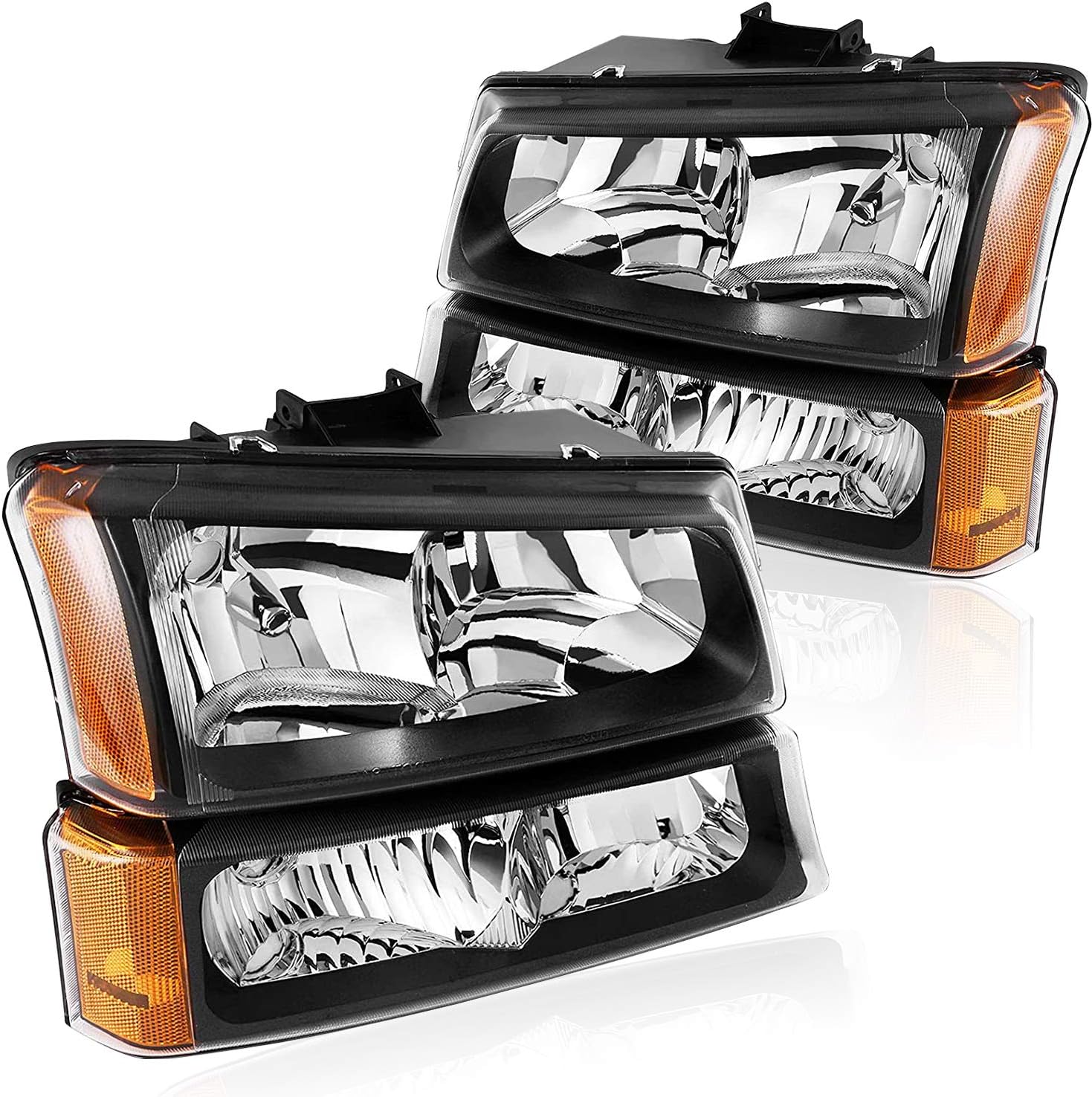 Headlights Assembly for 2003-2007 Chevy Silverado 1500 2500 3500 1500HD 2500HD 2003-2006 Chevy Avalanche with Black Housing Amber Reflector Clear Lens Headlamps Replacement for Driver & Passenger Side