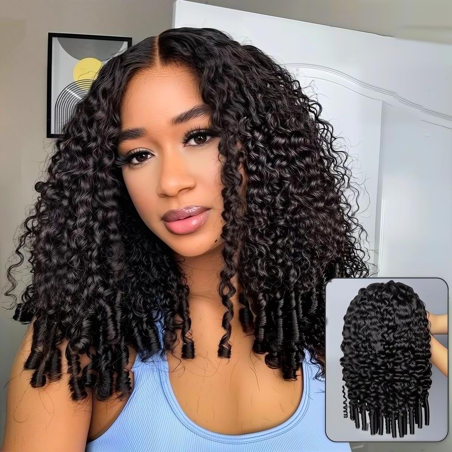 Burmese Curly Glueless Wigs Human Hair 7x5 HD Lace Front Pre Plucked Pre Cut Wear and Go Glueless Wigs for Women Natural Black Color 180% Density 20 Inch