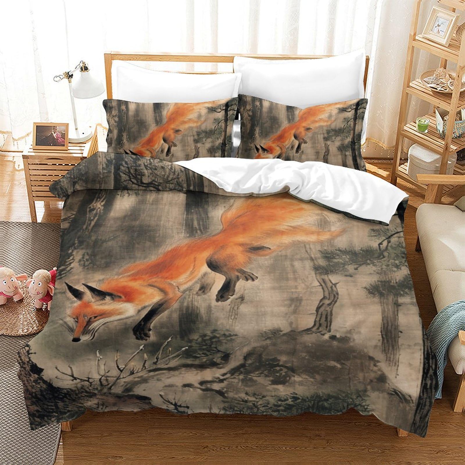 Parure de lit renard de la jungle en microfibre douce avec housse de couette 140x200cm et taies