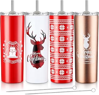 Maxdot 4 Pcs Christmas Tumbler with Lid and Straw Stainless Steel Christmas Cup Double-Insulated Water Travel Mug Vacuum Tumbler with Cleaning Brush Xmas Gift(Adorable Style, Red/White/Rose Gold)