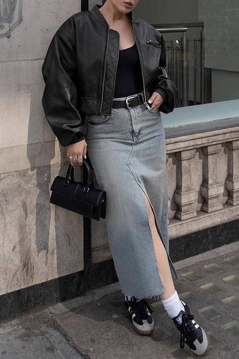 Cicy Bell Womens Faux Leather Bomber Jacket Cropped Biker Coat with Pockets