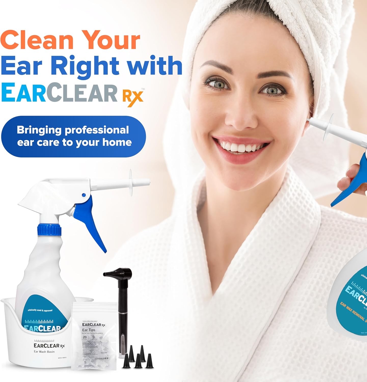 EarClearRX Flexible Tip Kit – Complete at-Home Ear Cleaning Kit for Adults & Kids - Easy-to Use Ear Cleaner - Includes Bottle Washer, Basin, 20 Disposable Tips, Microfiber Towel & Otoscope Penlight