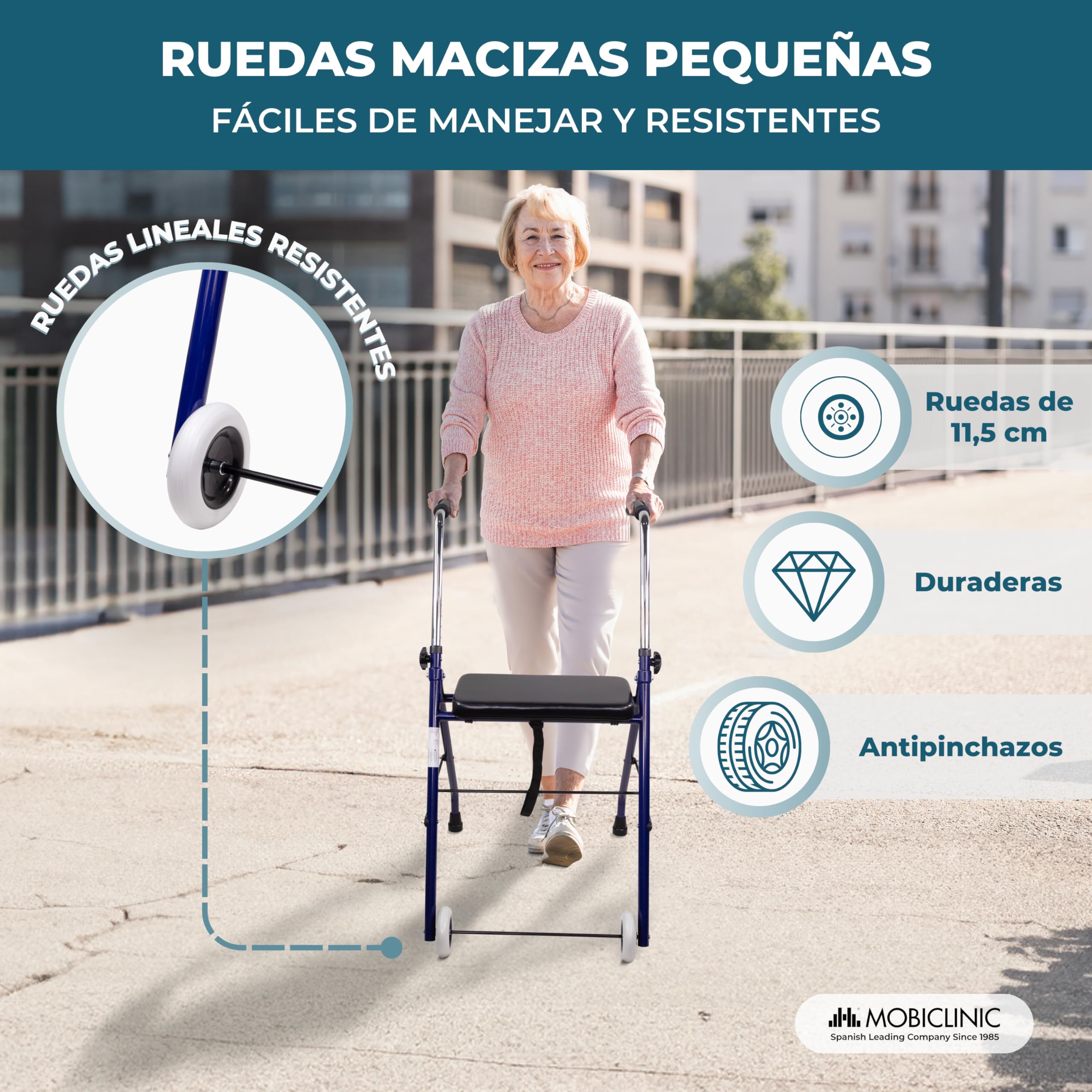 Mobiclinic®, Andador Plegable, Ajustable, Resistente, Emérita, Acero, Empuñaduras Ergonómicas, Ligero, con Asiento y 2 Ruedas, Azul