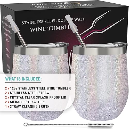 Miniatura 6 de CHILLOUT LIFE - Vaso de vino de acero inoxidable de 355 ml12 oz, doble pared aislada al vacío, tazas de vino con tapas y popotes