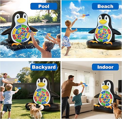 Miniatura 4 de MOONTOY Juguetes de piscina para niños, juego de mesa inflable de pingüino, juegos de piscina para playa y patio trasero, juguetes acuáticos de