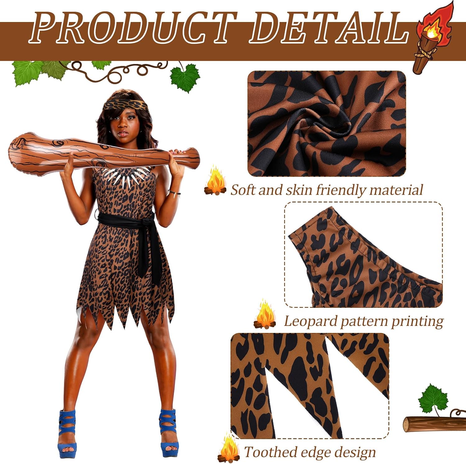 Liitrsh 5 Pcs Halloween Women Caveman Costume Set Leopard Print Cave Woman Costume with Hair Headband Jungle Necklace Tooth