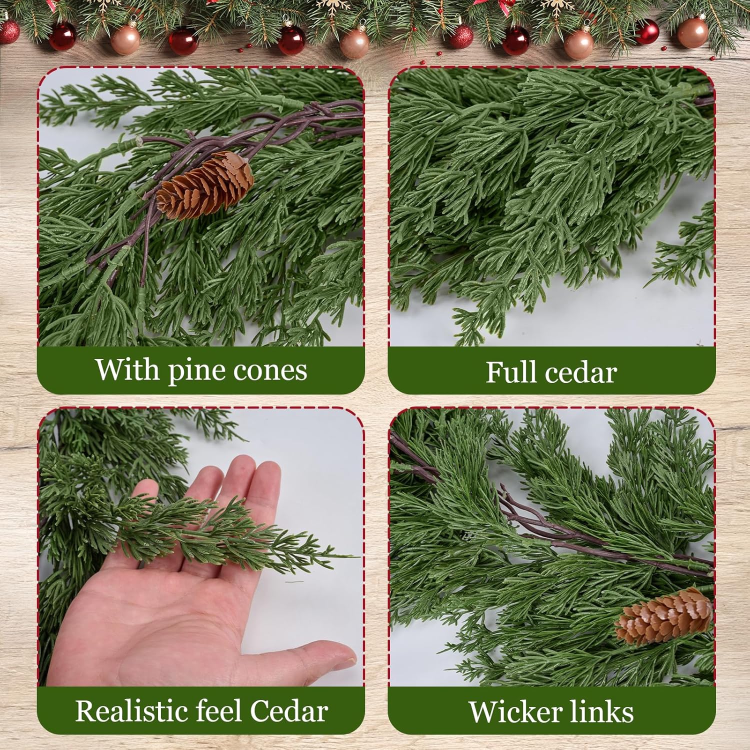 1 Pack 6FT Christmas Artificial Cedar Garland with Pine Cones,Real Touch Greenery Cypress Garland,Realistic Faux Cedar Garlands for Xmas Table Mantle Wall Room Outdoor Indoor Decoration - Image 3