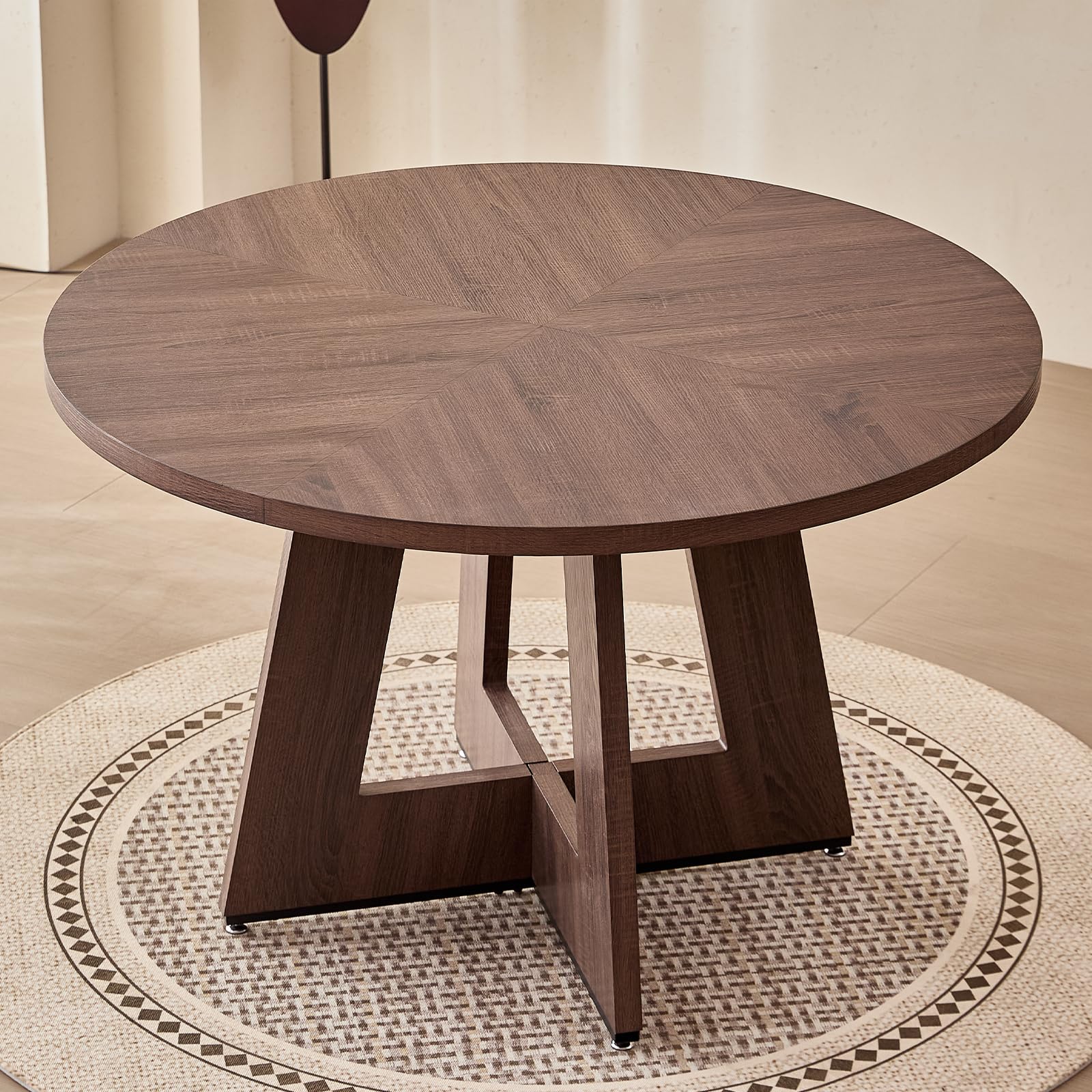 Lecafur HL 47" Round Dining Table for 4 6 People, [Fanned Base] [1.38" Thick Top] Farmhouse Wood Kitchen Table for Dining Living Room Home, Walnut