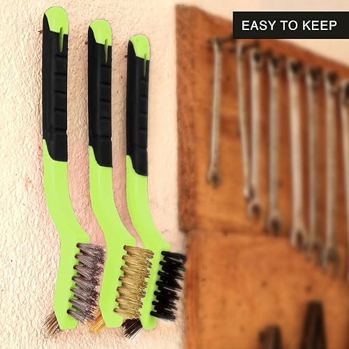 Miniatura 37 de Juego de 3 cepillos de alambre, cerdas de nailon/latón/acero inoxidable con mango curvado para óxido, suciedad y limpieza profunda, 7 pulgadas (rojo)