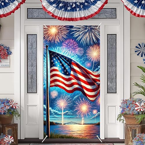 BlissYard 4th of July Door Cover 35x71 Inch Flag Fireworks Porch Decor