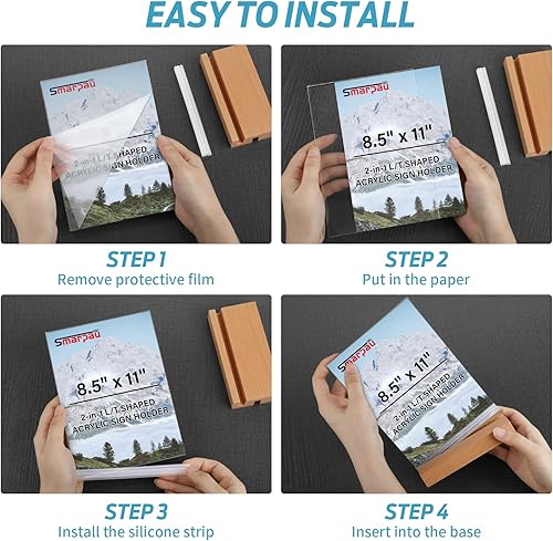 Miniatura 19 de Smarpau Soporte acrílico de 4 x 6 pulgadas con base de madera, paquete de 3 soportes 2 en 1 en forma de L/T 2 en 1, soporte de letrero de mesa